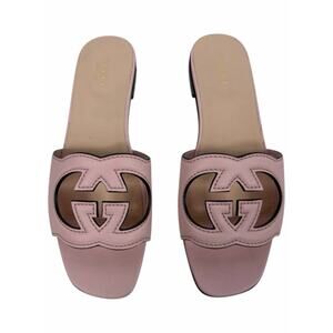 Gucci Interlocking G Cutout Leather Slide Flat Sandal Pink Size 37.5